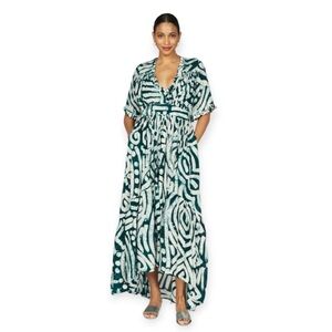 Nordstrom Green and White Tie Front Maxi Dress with Plunge Neckline